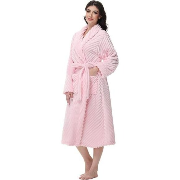 Womens Long Fleece Robe Soft Plush Bathrobe with Pockets Warm Cozy Sleepwear - Picture 6 of 6